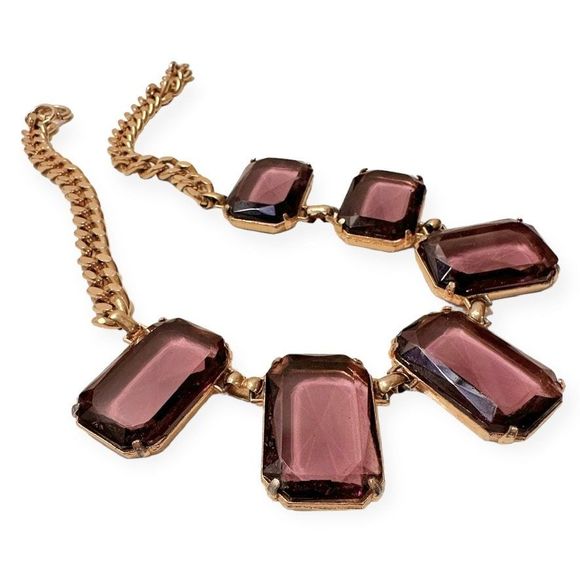 Vintage Art Deco Gold Tone Amethyst Glass Necklace - Picture 3 of 8